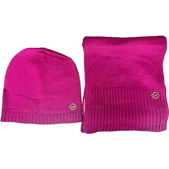 MICHAEL Michael Kors Accessories - Michael Kors Classic Rib Scarf Hat Bellyband Set Deep Fuchsia Cream